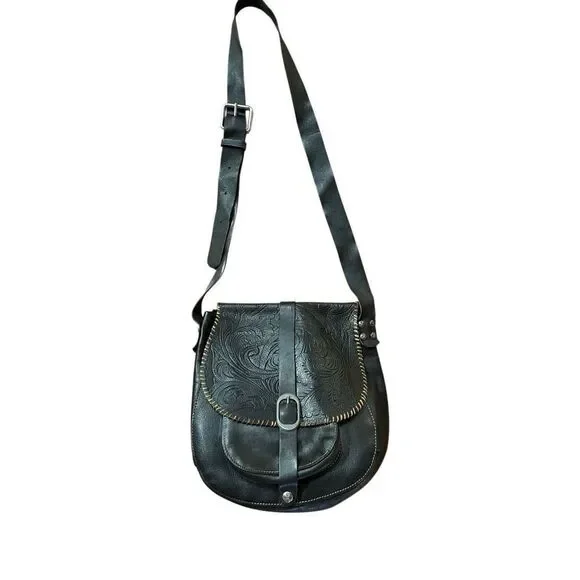 Patricia Nash Barcelona Black Tooled Leather Large Crossbody Saddle Bag Purse - Picture 6 of 15